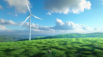 Wind turbine on green field with blue sky
