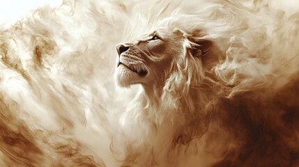 A majestic lion, with its regal mane and intense gaze, stands in the center of an ethereal background filled with swirling mist and delicate flowers