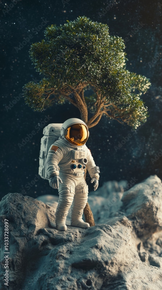 Wall mural lonely astronaut in the natural world. exploration concept with spaceman and tree