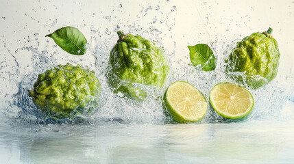Fresh bergamot fruits, whole and sliced, on a light background, with droplets of water to emphasize their fresh, citrusy nature --chaos