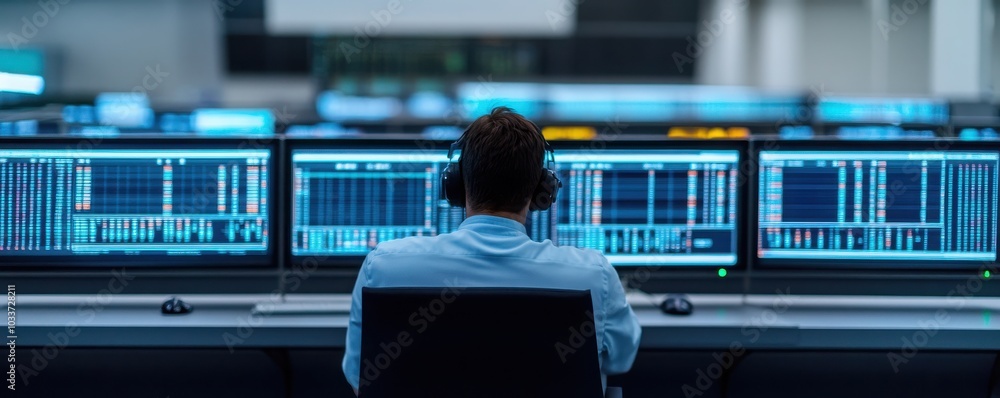 Aufkleber a focused individual analyzes data on multiple monitors in a modern control room, showcasing the ess