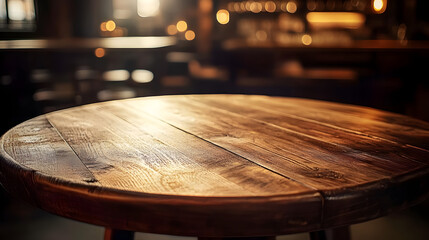 Obraz premium Rustic wooden round table surface in warm luxury style cafe. Blur bokeh background with copy space for place display product.