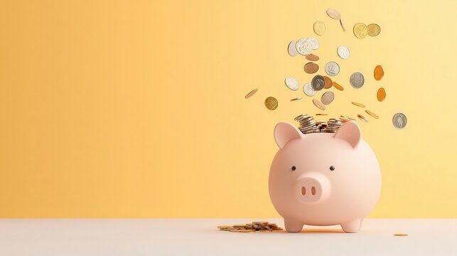 Piggy bank transforming with each coin deposit, visualizing gradual wealth accumulation through DCA, techinspired