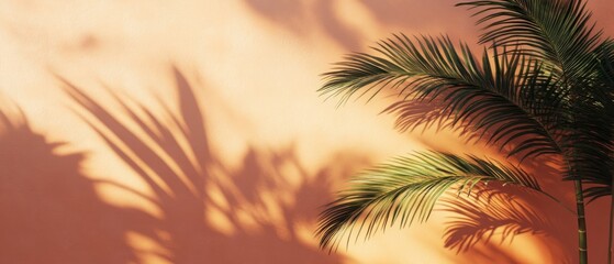 Fototapeta premium Palm tree shadows on pastel orange background wall mockup