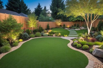 Contemporary landscaped backyard with artificial grass pathway and mature trees