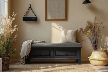 The stylish composition of cosy entryway with grey bench, black consola, hanger and lamp. Beige wall. Home decor. Template, Generative AI