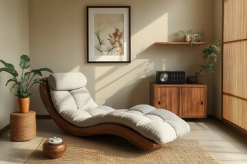 Interior design of korean style living room with modern chaise longue, commode, shelf, wooden cube, retro radio, plants and elegant personal accessories. Mock up paintings on the beige wall
