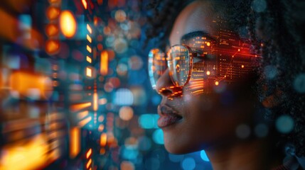 Futuristic technology reflected in woman's glasses amid vibrant digital display