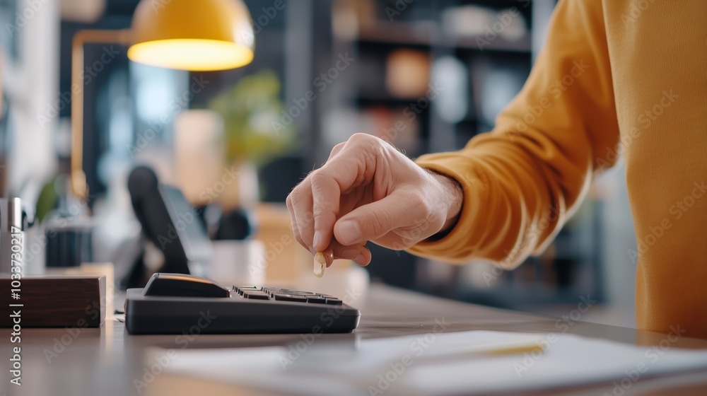 Poster a person calculates expenses using a calculator while working in a cozy office with warm lighting du