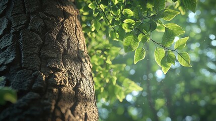 Obraz premium A photorealistic image of green-leaved deciduous trees in the background, their leaves vibrant and lush, softly illuminated by natural sunlight.
