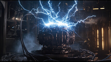 High-voltage transformer experiencing a short circuit, with arcs of electricity and flashes of blue light surrounding the equipment. --chaos