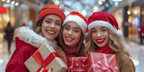 Three joyful women are shopping for the holidays, wearing festive Christmas attire and holding wrapped gifts. The background shows a lively, decorated shopping mall, capturing the festive spirit.