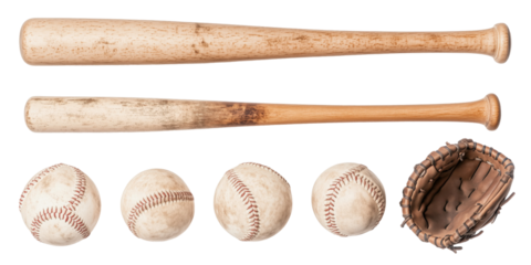 Set of baseball bats and balls cut and isolated on transparent background. Large set of baseball equipment. Glove. Baseball bats and balls. Sports