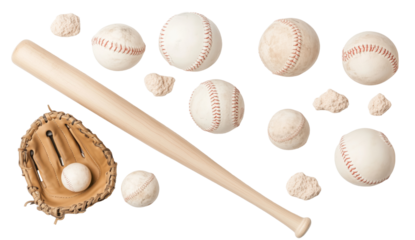 Set of baseball bats and balls cut and isolated on transparent background. Large set of baseball equipment. Glove. Baseball bats and balls. Sports