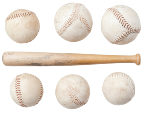 Set of baseball bats and balls cut and isolated on transparent background. Large set of baseball equipment. Glove. Baseball bats and balls. Sports