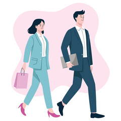 A man and woman in business attire walking together, carrying a briefcase and shopping bag. Vector Art & Illustration