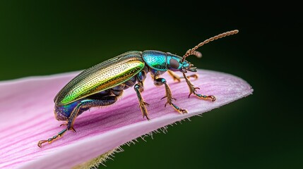 Fototapeta premium Colorful beetle resting on petal, vibrant details, nature's beauty.
