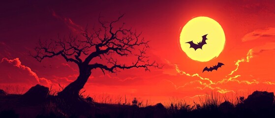 Spooky halloween background with silhouette dead tree and flying bat at night full moon