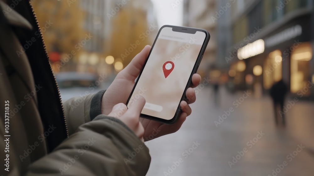 Fototapete A male hand holds a smartphone displaying a location pin, showcasing navigation in a busy city environment. Generative AI