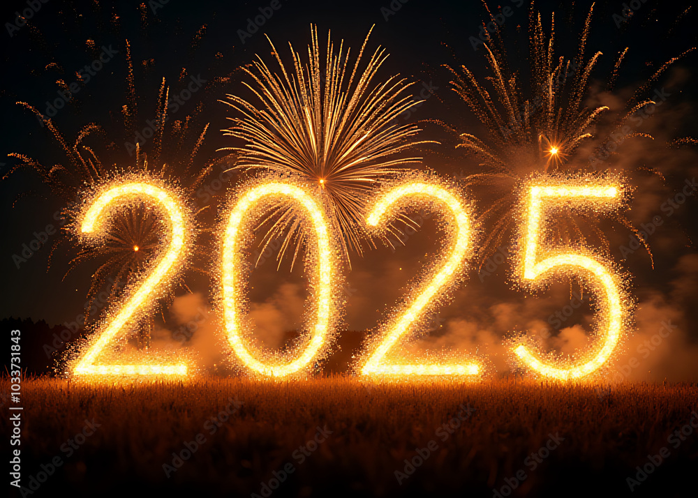 Poster a bright golden happy new year 2025 message is set amidst a dazzling display of fireworks erupting a