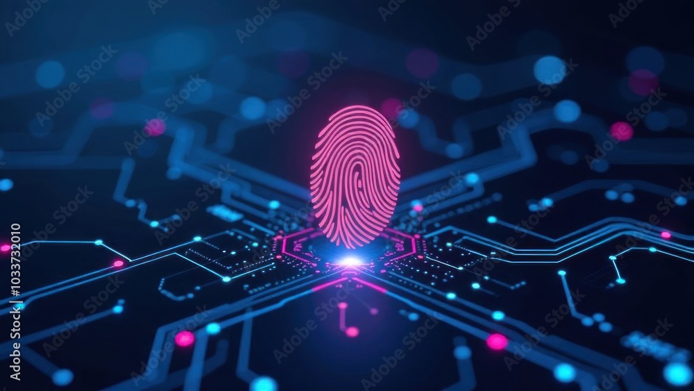Poster fingerprint authentication on digital circuit interface. digital fingerprint on a blue circuit board