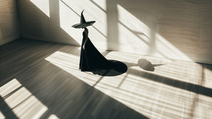 A silhouette of a witch wearing a pointed hat, standing in an empty sunlit room with wooden floors, casting shadows that create a dramatic play of light and dark.