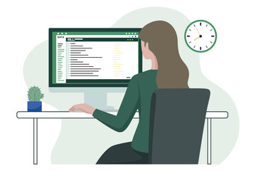 Woman working on a desktop computer displaying data analysis, with a clock in the background.. VectorArt & Illustration