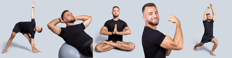 A man showcases multiple yoga poses, demonstrating flexibility and strength. He uses a fitness ball for support while creating a calm and focused atmosphere in a minimalistic setting.