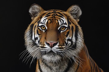 Fototapeta premium A powerful, hyper-realistic portrait of a tiger, staring deeply into the camera. The tiger's vivid stripes and sharp features stand out in contrast to the pitch-black background