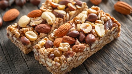 Vegan protein bars with nuts on wooden background close up