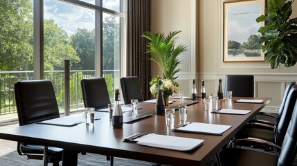 Obraz premium A well-lit conference room with a large window overlooking a green landscape. The room is set for a meeting with chairs, a table, and water glasses.