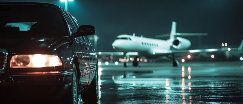 View of black luxury car with private white jet in the background at the airport, private luxury escort
