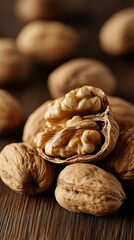 Walnuts on brown wooden background