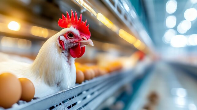 A close-up of a chicken beside freshly laid eggs in a modern poultry farm, highlighting poultry farming and egg production.