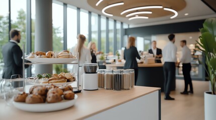 Business professionals gather around a catered breakfast buffet in a modern office setting.