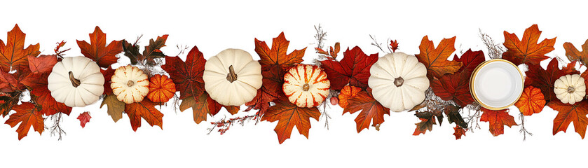 Autumn decoration with pumpkins and colorful leaves on a white isolate background.
