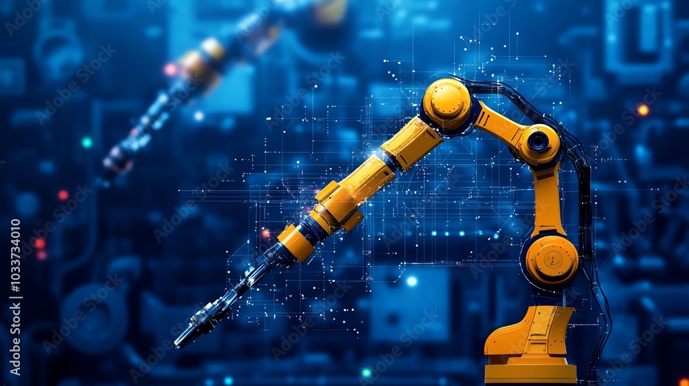 Poster a modern robotic arm in a high-tech environment, showcasing advanced technology and automation for i