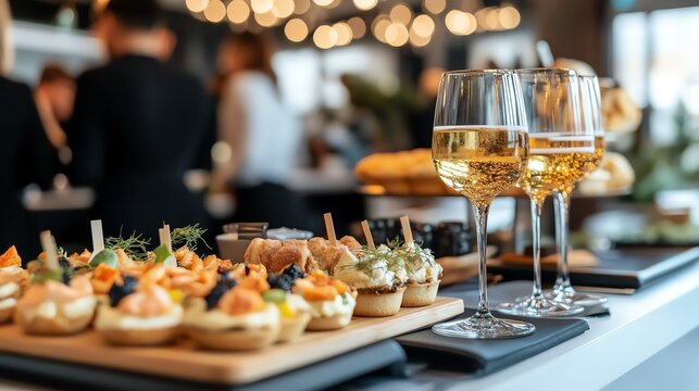 Close-up of appetizers and glasses of wine on a table at a catered event.
