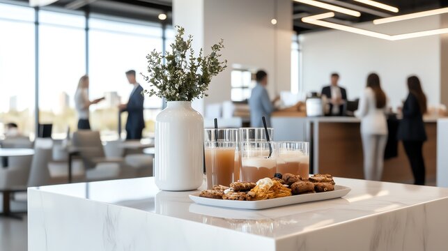 Coffee, pastries, and drinks on a table in a modern office lobby. People in the background are socializing and grabbing refreshments.