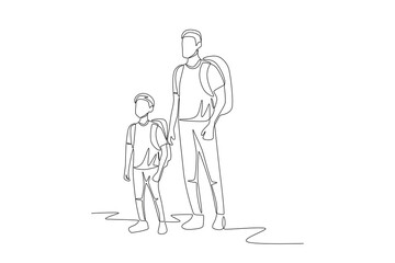 Father and son going hiking. Hiking with families concept one-line drawing