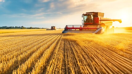 Obraz premium A vibrant sunset illuminates a harvester in a golden wheat field, showcasing the beauty of agricultural work and nature.