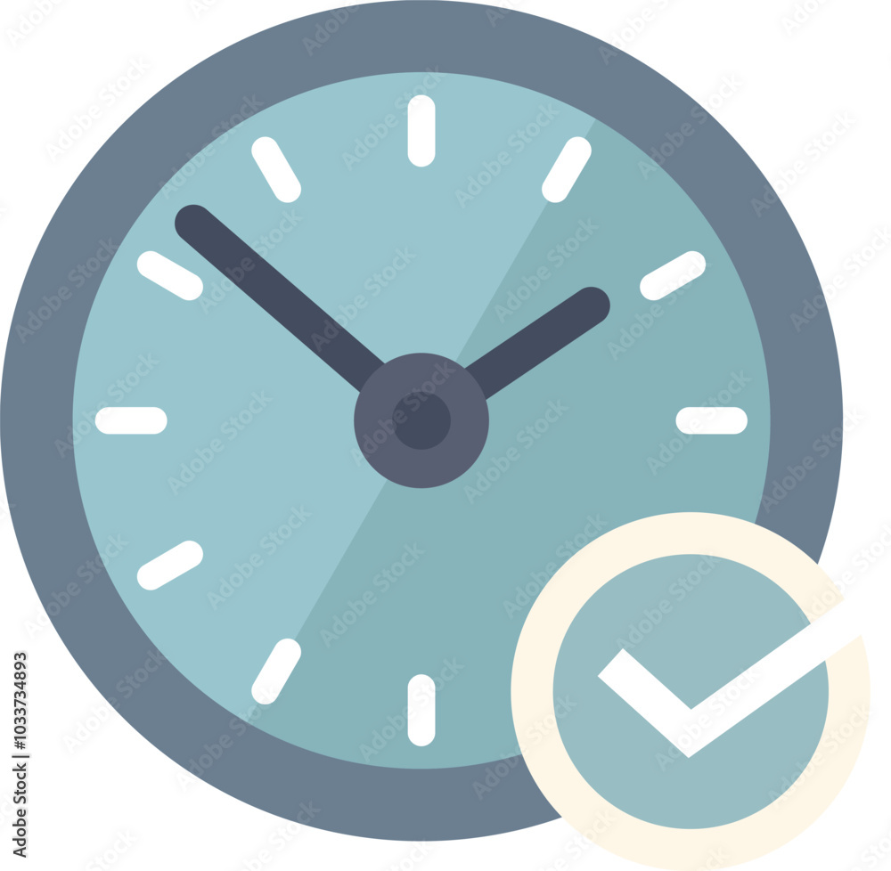 Poster minimalist icon of a clock showing time passing with a check mark symbol, in a flat design style