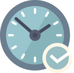 Minimalist icon of a clock showing time passing with a check mark symbol, in a flat design style