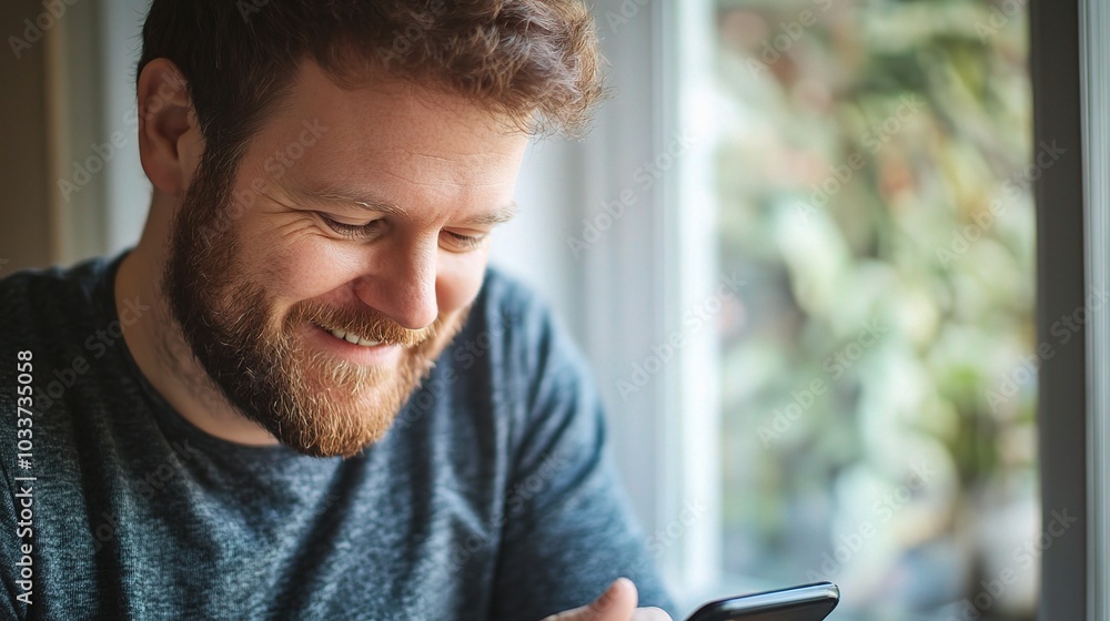 Poster smiling man using smartphone by the window