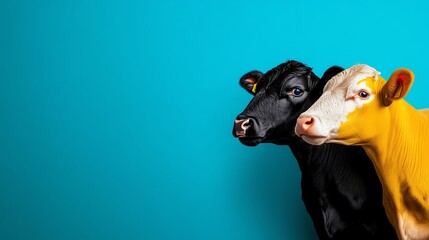 Two cows, one black and one yellow, pose against a vibrant blue backdrop, showcasing unique charm and character.