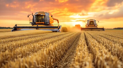 Fototapeta premium Two harvesters working at sunset in a wheat field, showcasing the beauty of agriculture and the golden crops.