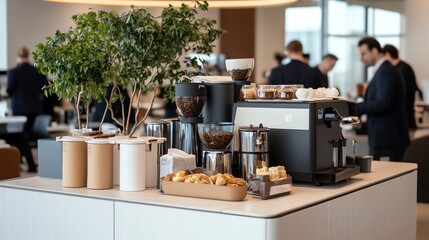 Modern office break room with coffee machine, pastries, and a small plant.  Men in suits stand around the counter.