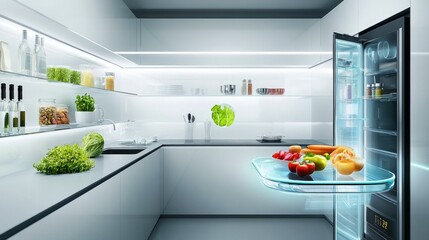 Advanced kitchen technology on display with a transparent refrigerator filled with healthy produce and snacks.
