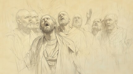 Fototapeta premium Dramatic Depiction of the Raising of Lazarus from the Dead as Described in the Gospel of John Lazarus Emerges from His Tomb Still Wrapped in Burial Cloths