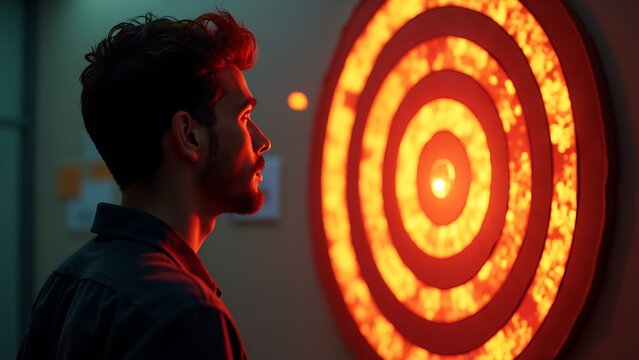 A person gazes at a glowing target for inspiration to take bold action in their journey of learning and leadership development successfully.